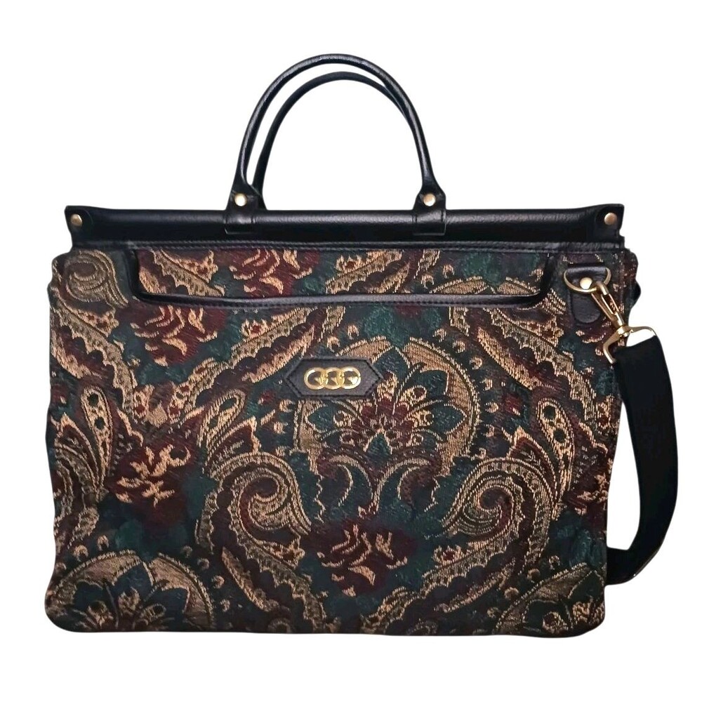 Vtg Gepie Tapestry Carpet Bag Shoulder Tote Green Paisley Travel Overnight Retro